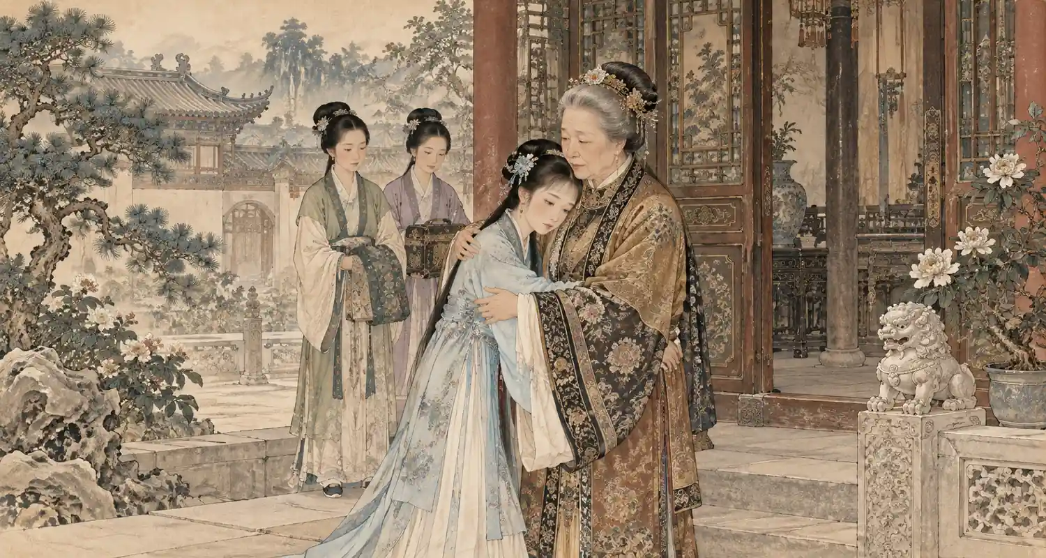 Lin Daiyu embraces Grandmother Jia at the Jia household in Dream of the Red Chamber.