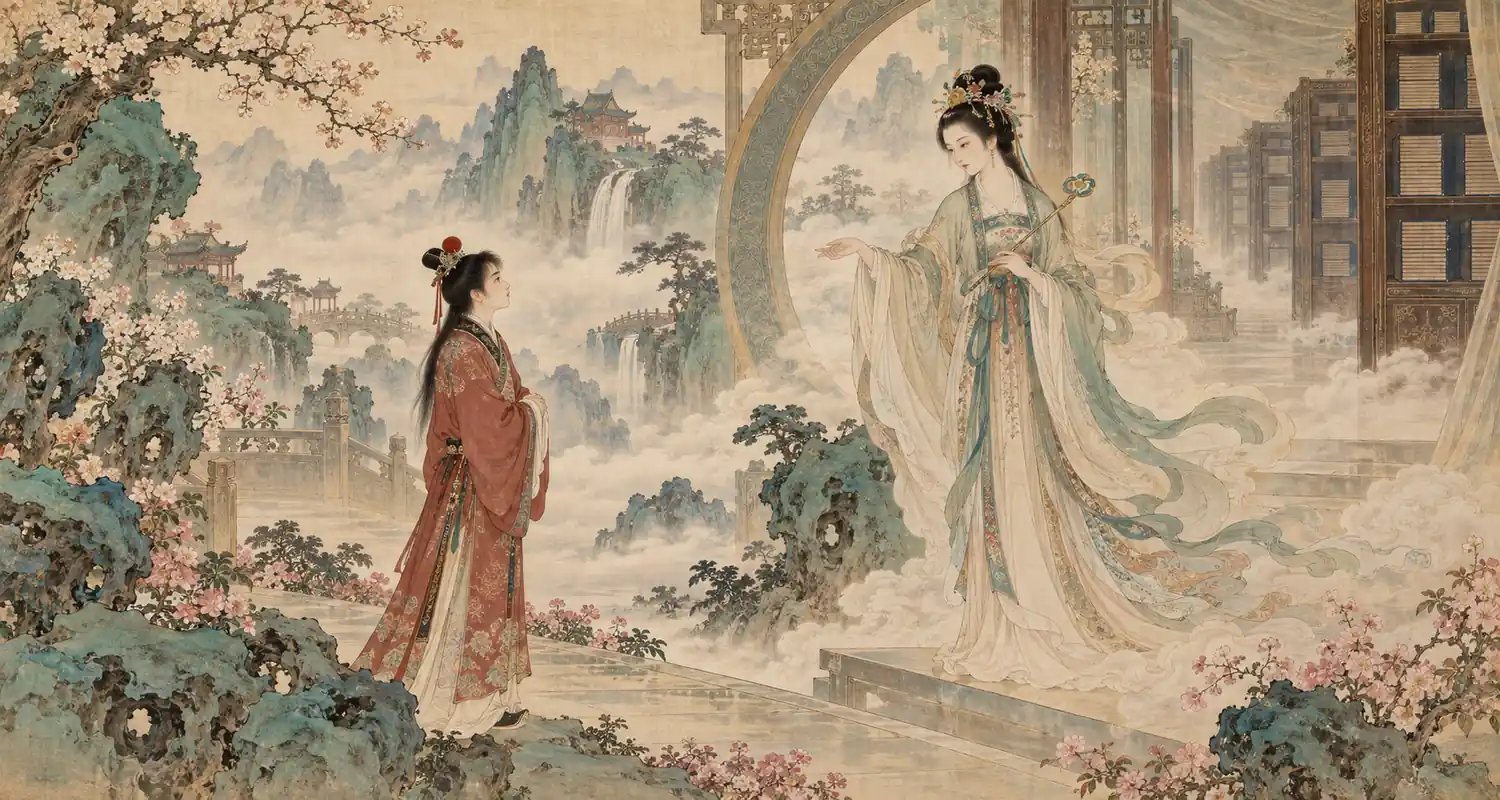 Baoyu meets Fairy Jinghuan at a misty gateway to the Land of Illusion.