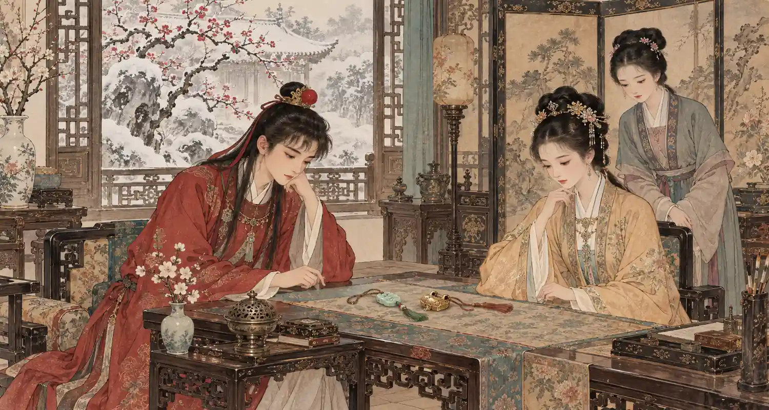 Baoyu and Baochai examine a jade pendant and golden lock at a table.