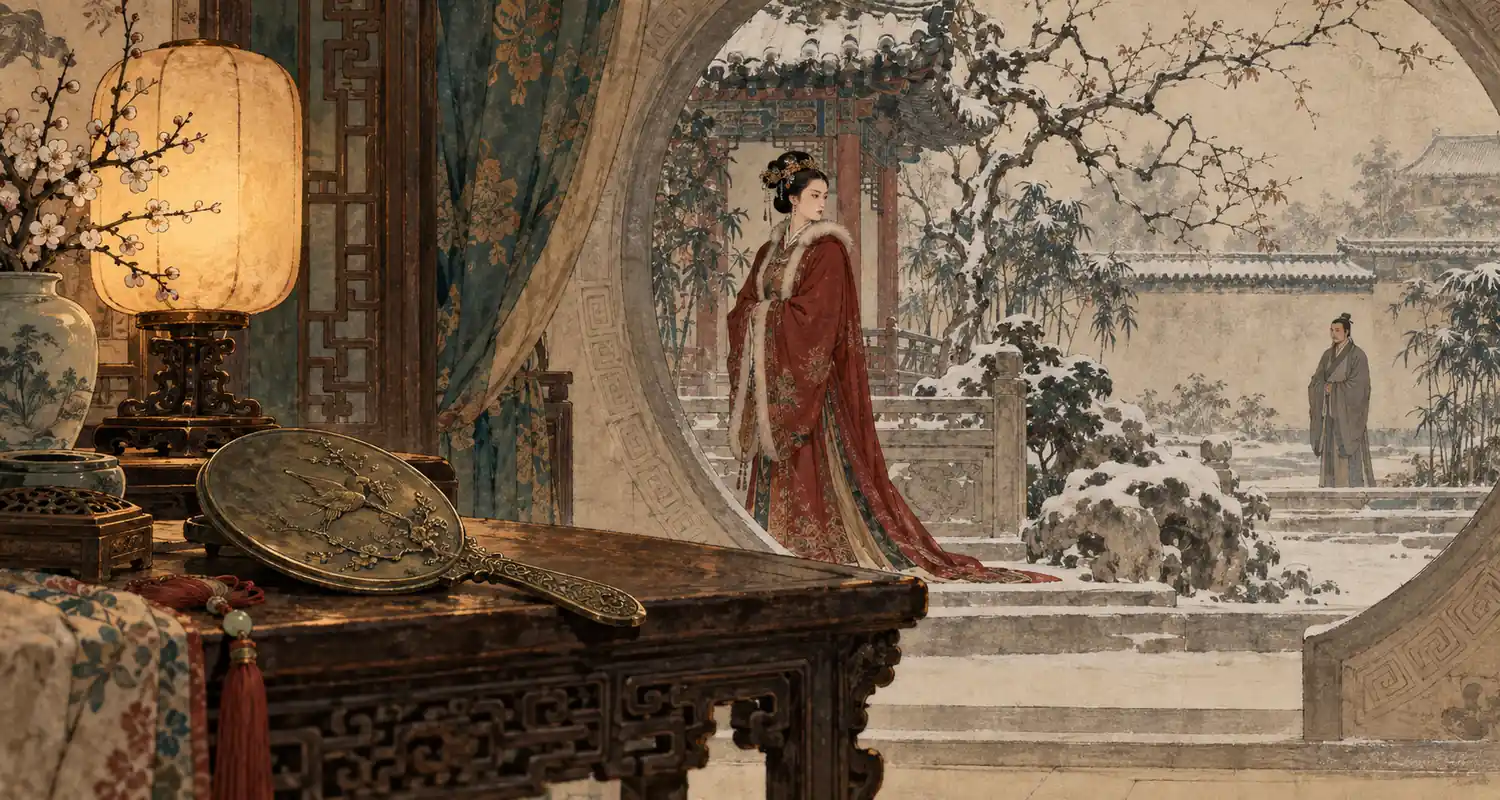 A bronze mirror lies in a winter courtyard with Wang Xifeng and Jia Rui in the distance.