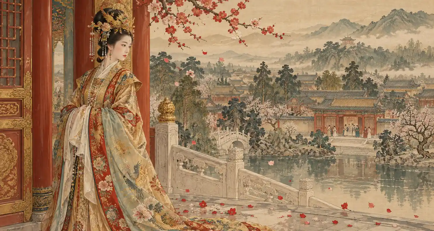 Imperial consort Jia Yuanchun looks wistfully from a palace doorway toward a distant family courtyard.