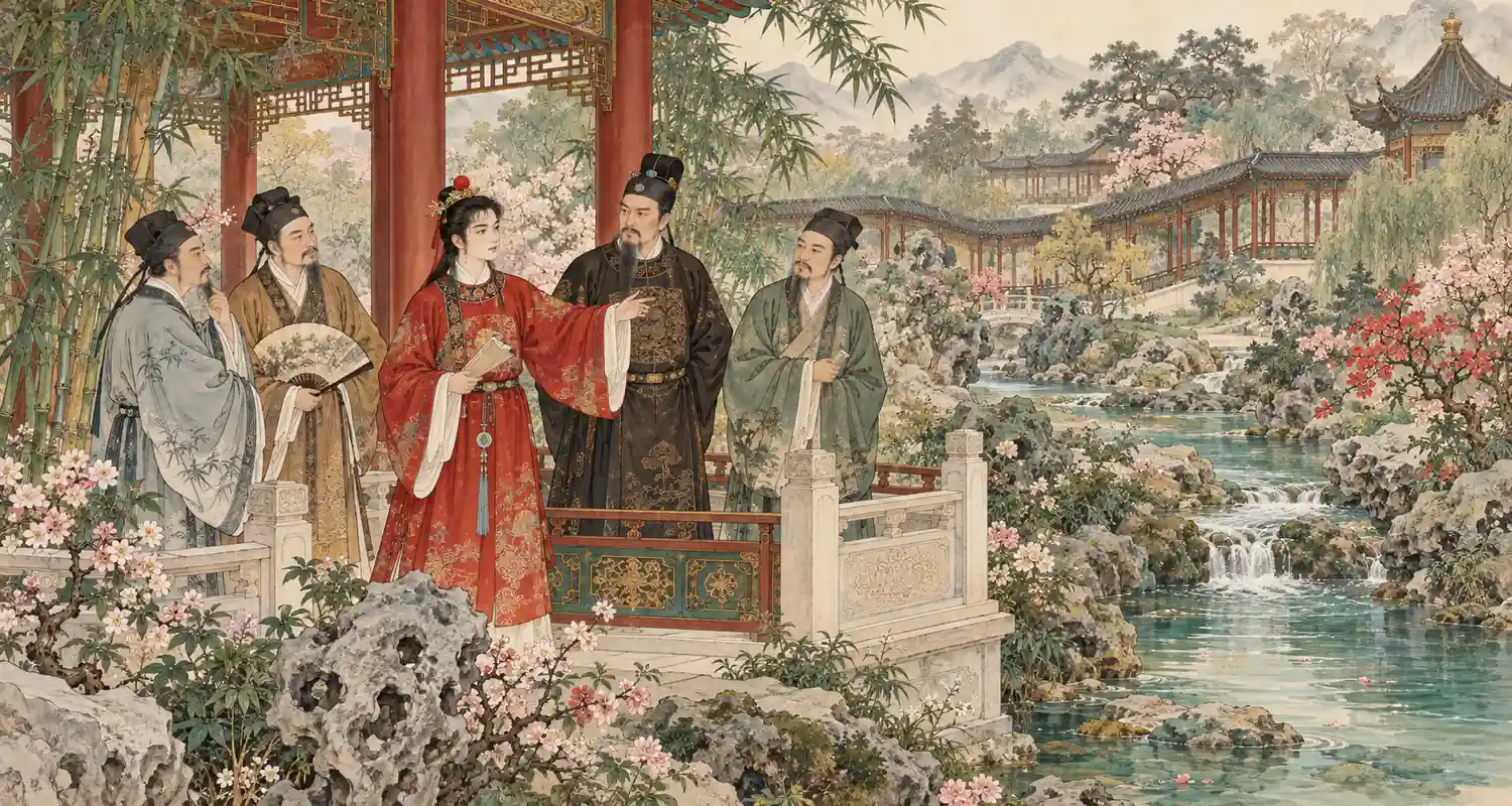 Baoyu proposes names for the Grand View Garden under Jia Zheng's scrutiny.