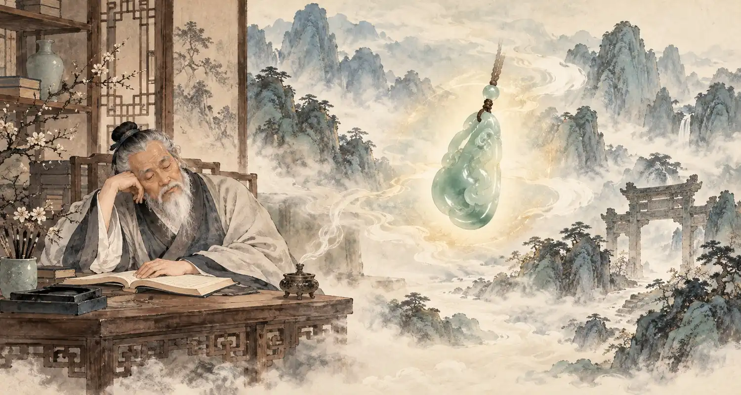 Zhen Shiyin dreaming of enchanted jade amid misty mountains in Dream of the Red Chamber.